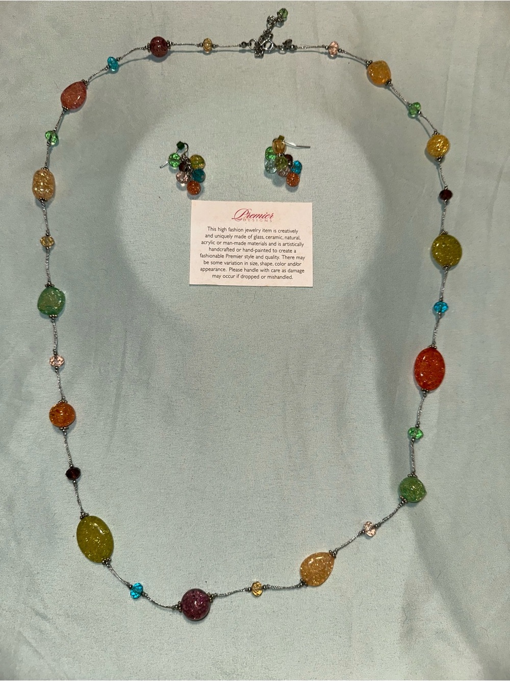 Vintage Premier Designs Multicolor Glass Bead Necklace with Matching Earrings